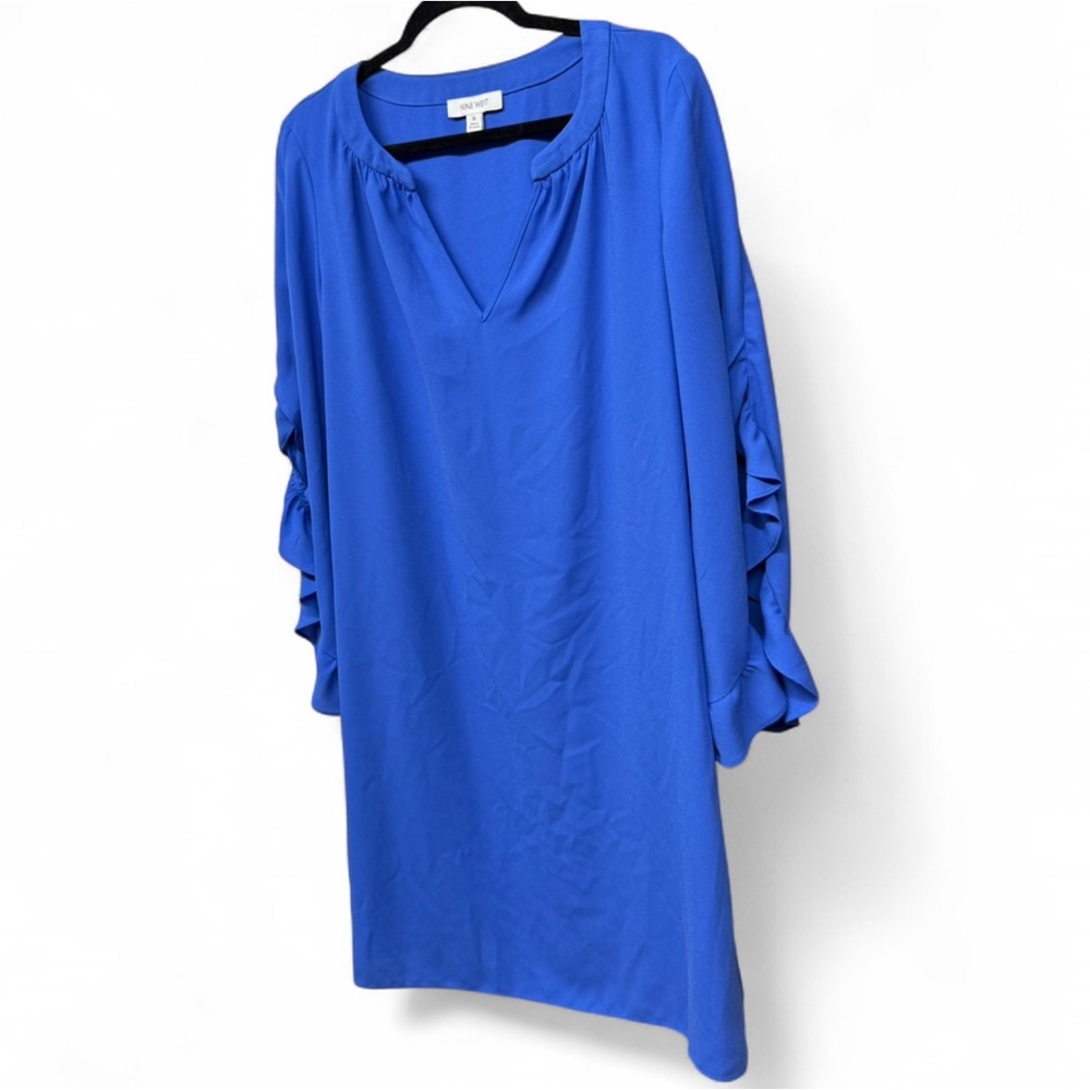Nine West Cobalt Blue Ruffle Sleeve Notch Neck Shift Dress Size 16 - Picture 3 of 8